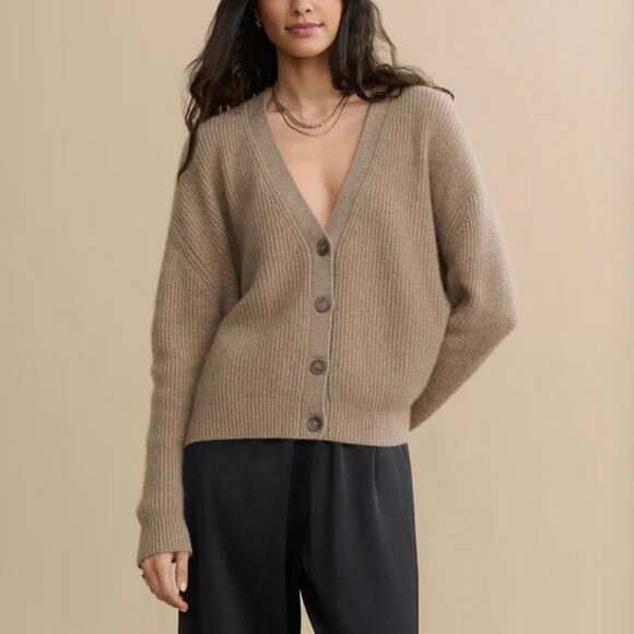 Jenni Kayne Oversized Brown Cropped Cocoon Cardigan V-Neck Rib-Knit Sweater M